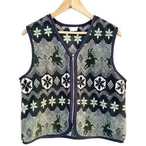 TM Sport Vintage Reindeer Snowflake Fair Isle Full Zip Fleece Vest Size 10